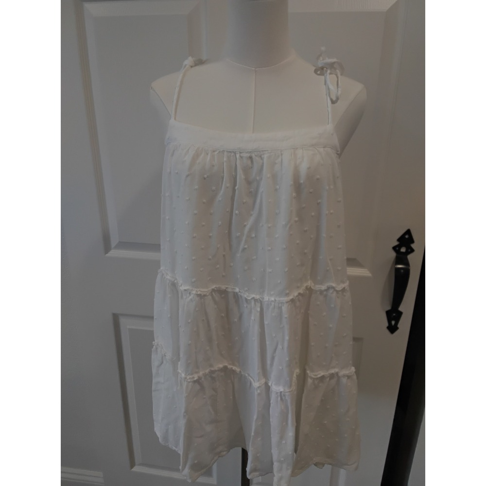 blue blush white swiss dot tiered mini‎ dress tie straps boho cottagecore size M